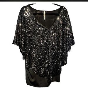NY Collection Black Sequin Flutter Sleeve Blouse Size 2X